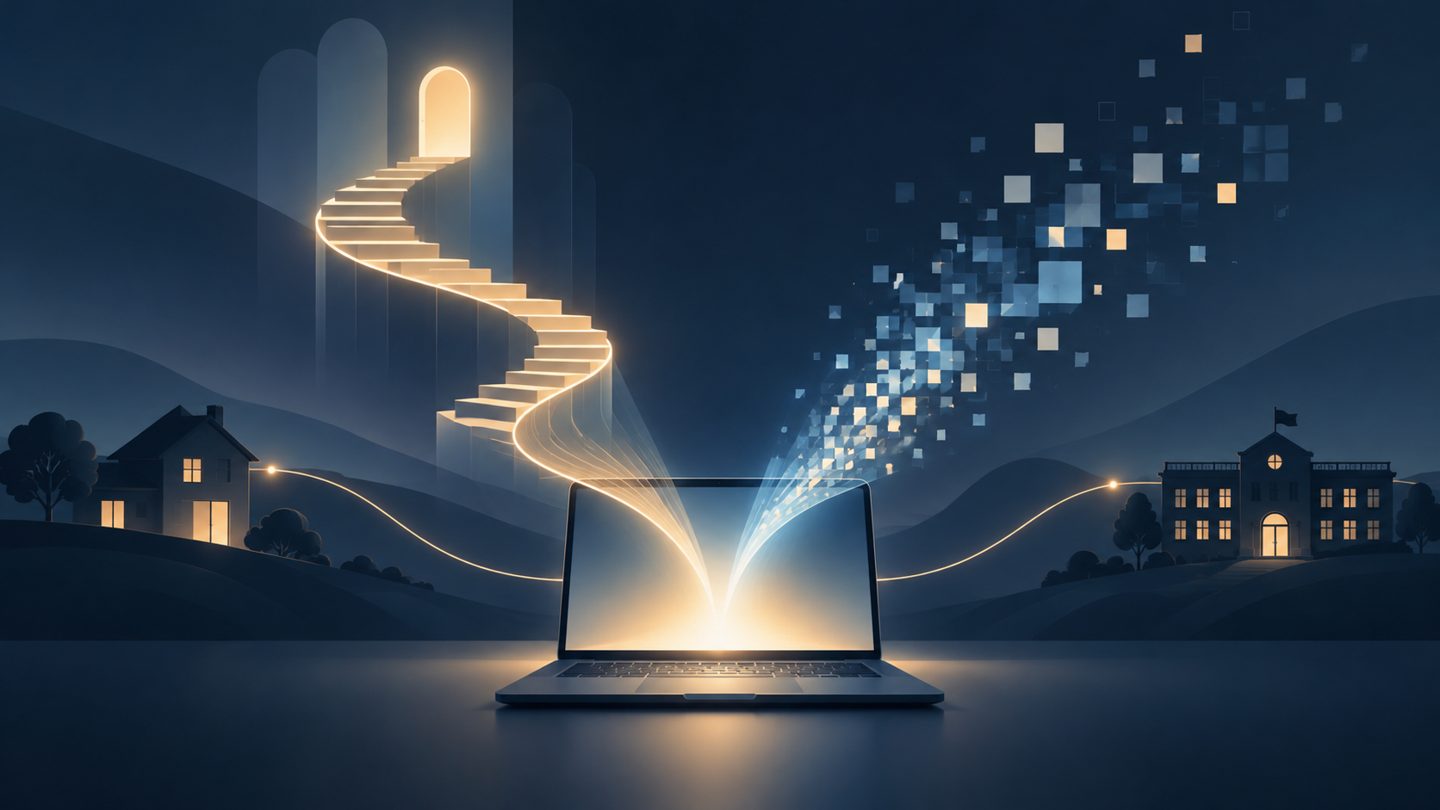Ilustración conceptual: de la pantalla de un portátil emergen dos caminos de luz, una escalera ascendente y píxeles que se dispersan, con una casa y un colegio unidos por un hilo luminoso
